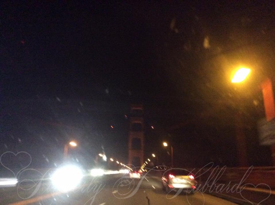 It's dark & the windshield is filthy, but we're on the Golden Gate Bridge