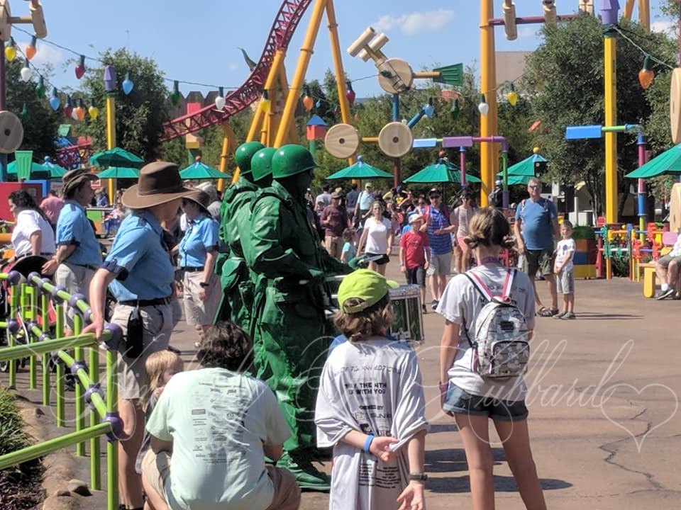 The Army Men in Toy Story Land Entertaining the Crowd