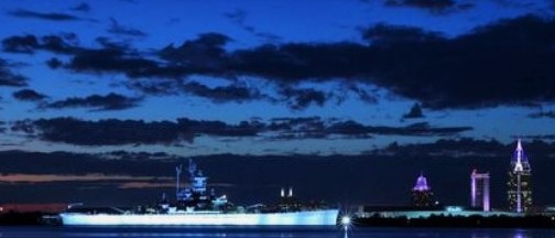 USS Alabama at Night from the Freeway